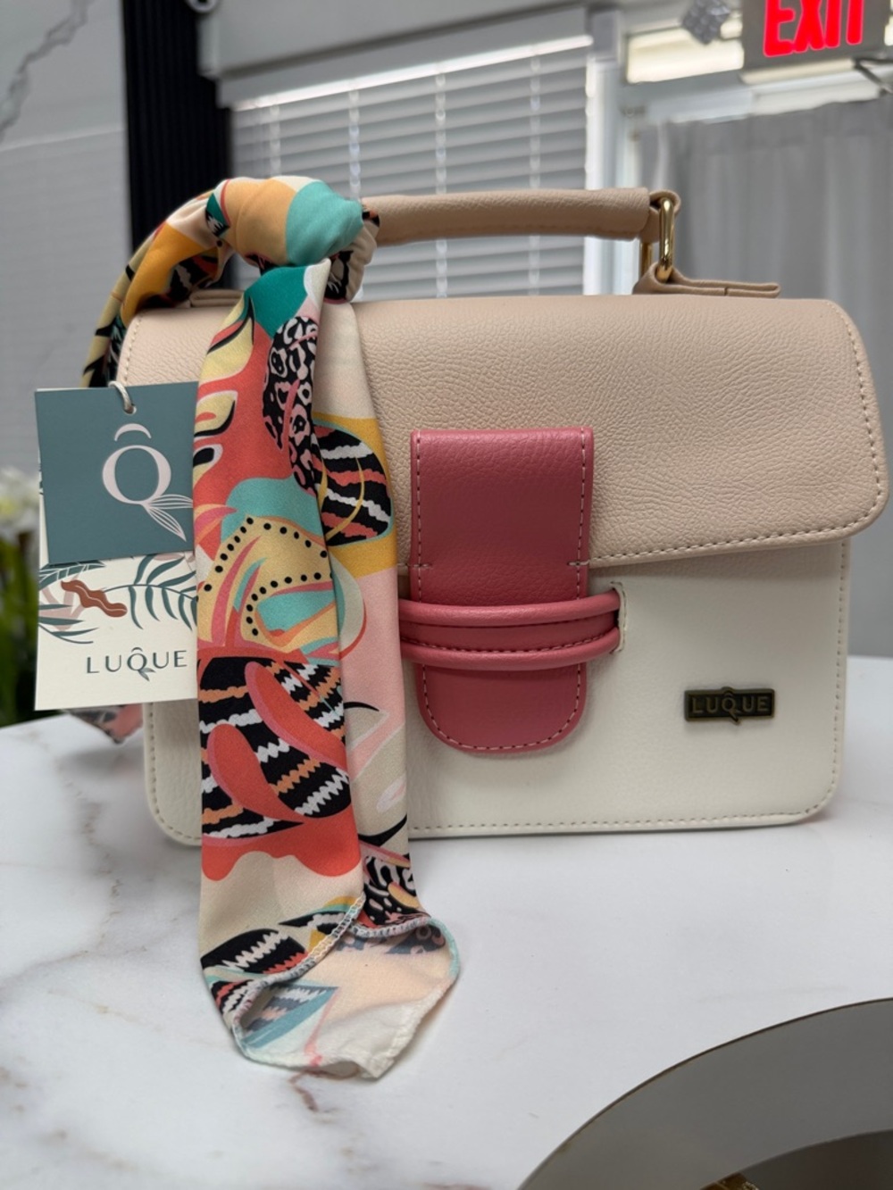 LUQUE Cream & Blush Top-Handle Crossbody Bag with Scarf